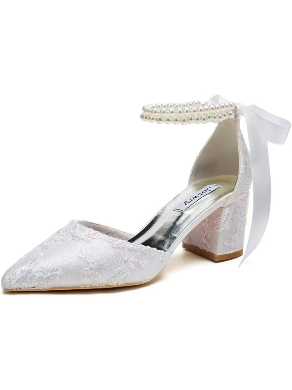 Women's White Lace Bride Block Heel Pointed Toe Imported Wedding Shoes